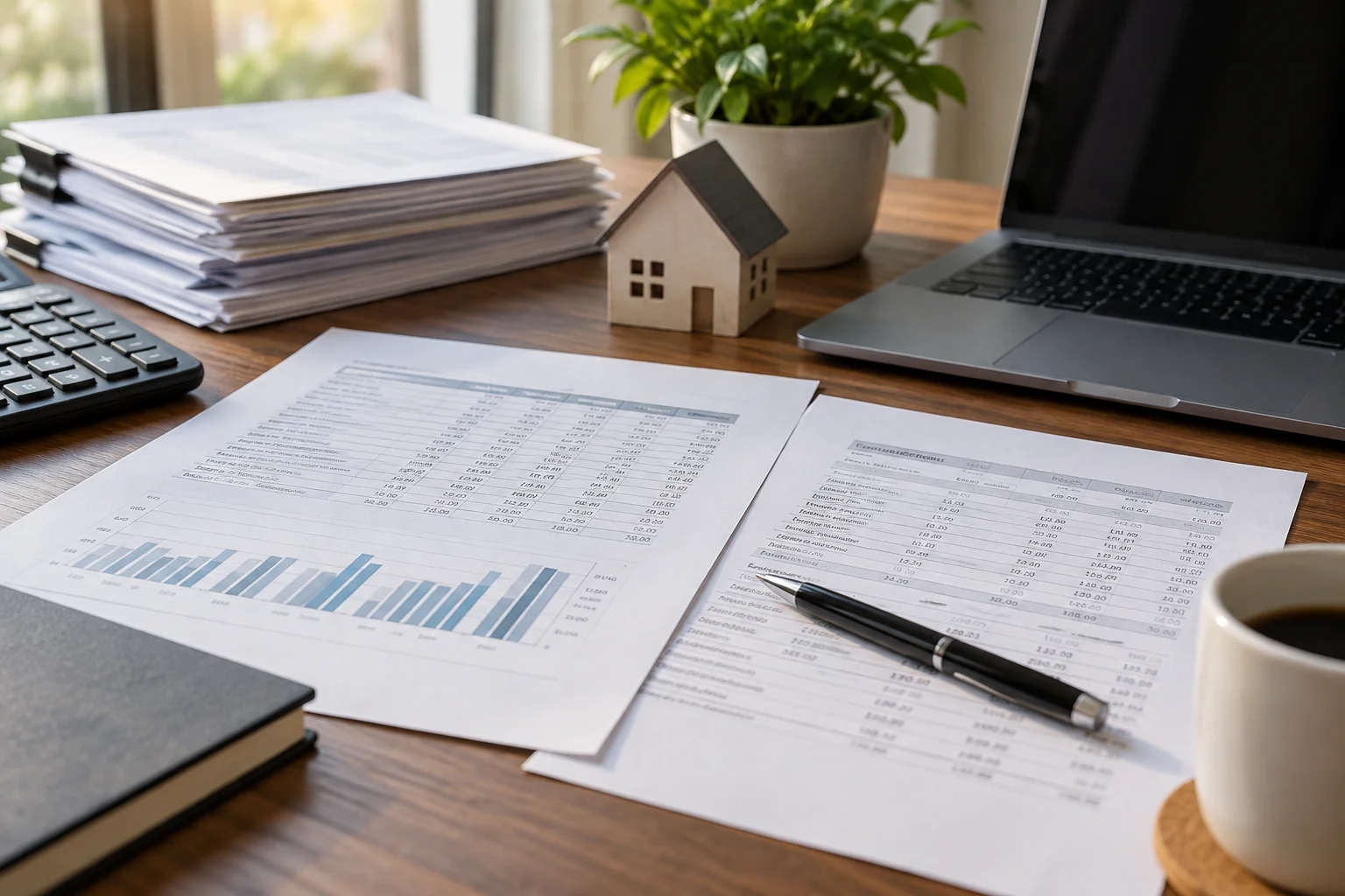 Close-up of a rental property depreciation schedule and settlement statement documents on a desk