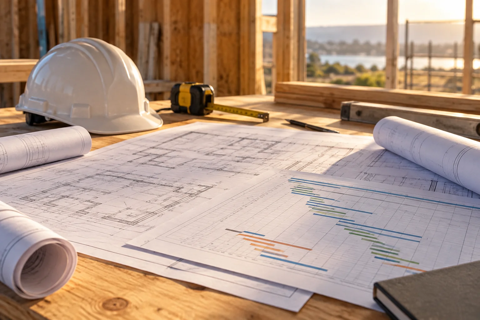 Job cost report and WIP schedule spread across blueprints, illustrating job costing for a small builder